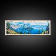 Load image into Gallery viewer, Crater Lake Framed Canvas Print, Lake House Decor, Panoramic Wide Art, Travel Poster, Rustic Lake Painting, Home Decor
