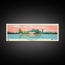Load image into Gallery viewer, Banning Lake Indiana Framed Canvas Print, Panoramic Travel Poster, Midcentury Modern Wall Art, Pop Art, Bedroom Decor
