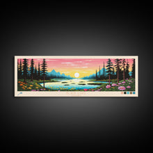 Carregar imagem no visualizador da galeria, Black Lake Southwest Alaska Framed Canvas Print, Panoramic Travel Poster, Midcentury Modern Wall Art, Pop Art, Nature Bedroom Decor, Scenic Lake House Art
