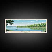 Load image into Gallery viewer, Blue Springs Lake Missouri Framed Canvas Print, Panoramic Wall Art, Midcentury Modern, Pop Art, Travel Poster, Scenic Living Room Art, Lake House Decor
