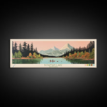 Load image into Gallery viewer, Bowman Lake Montana Framed Canvas Print, Panoramic Wall Art, Midcentury Modern, Pop Art, Travel Poster, Scenic Living Room Art, Lake House Decor
