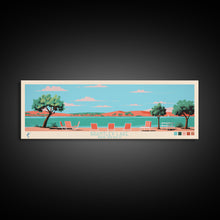 Load image into Gallery viewer, Brantley Lake New Mexico Framed Canvas Print, Midcentury Modern Panoramic Wall Art, Living Room Decor, Pop Art, Travel Poster Art, Scenic Nature Painting
