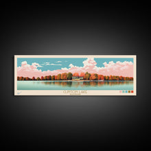 Load image into Gallery viewer, Clinton Lake Illinois Framed Canvas Print, Midcentury Modern Panoramic Wall Art, Living Room Decor, Pop Art, Travel Poster Art, Scenic Nature Painting, Lake House Decor
