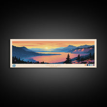 Load image into Gallery viewer, Crater Lake Oregon Framed Canvas Print, Pop Art Panoramic Travel Poster, Midcentury Modern, Wall Art, Scenic Nature Painting, Bedroom Decor, Living Room Art

