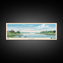 Load image into Gallery viewer, Elk Lake Michigan Framed Canvas Print, Panoramic Wall Art, Midcentury Modern, Pop Art, Bedroom Decor, Travel Poster, Nature Art
