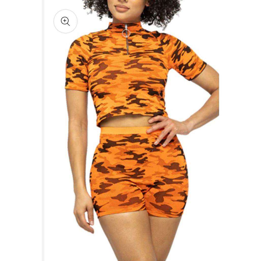 SEAMLESS CAMO ZIP NECK CROP&SHORT SET