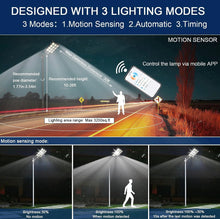 Carregar imagem no visualizador da galeria, 2000W Solar Street Light Outdoor, 250000LM 6500K with Mobile App Remote Control Dusk to Dawn LED Motion Sensor
