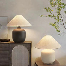 Carregar imagem no visualizador da galeria, Nogy Japandi Ceramic Table Lamp – Minimalist Design with Linen Shade, Stoneware Base in Ivory White or Charcoal Black
