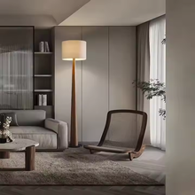 Carregar imagem no visualizador da galeria, Nogy Japandi Tapered Wood-Style Floor Lamp - Minimalist Column Design with Fabric Drum Shade
