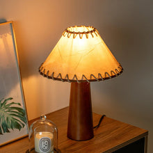 Carregar imagem no visualizador da galeria, Nogy Handcrafted Japandi Table Lamp – Wood + Leather Style Shade, Linen &amp; Natural Parchment Shade
