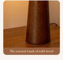 Carregar imagem no visualizador da galeria, Nogy Handcrafted Japandi Table Lamp – Wood + Leather Style Shade, Linen &amp; Natural Parchment Shade
