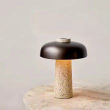 Carregar imagem no visualizador da galeria, Nogy Mushroom Table Lamp – Textured Travertine Base &amp; Matte Black Dome
