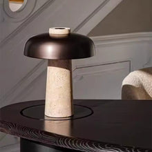 Carregar imagem no visualizador da galeria, Nogy Mushroom Table Lamp – Textured Travertine Base &amp; Matte Black Dome
