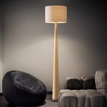 Carregar imagem no visualizador da galeria, Nogy Japandi Tapered Wood-Style Floor Lamp - Minimalist Column Design with Fabric Drum Shade
