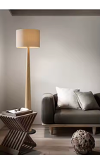 Carregar imagem no visualizador da galeria, Nogy Japandi Tapered Wood-Style Floor Lamp - Minimalist Column Design with Fabric Drum Shade
