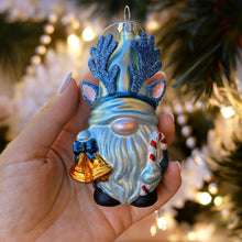 Cargar imagen en el visor de la galería, Charming Blue Gnome with Antlers Glass Christmas Ornament
