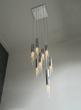 Load image into Gallery viewer, Hanging crystal light fixture for lobby, staircase, loft, stairwell
