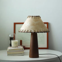 Carregar imagem no visualizador da galeria, Nogy Handcrafted Japandi Table Lamp – Wood + Leather Style Shade, Linen &amp; Natural Parchment Shade
