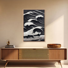 Carregar imagem no visualizador da galeria, Black and White Tidal Waves, Japanese Style Art, Framed Canvas Print, Ready To Hang Framed Wall Art, Living Room Wall Decor
