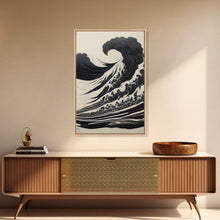 Carregar imagem no visualizador da galeria, Black and White Tsunami Waves, Japanese Style Art, Framed Canvas Print, Ready To Hang Framed Wall Art, Living Room Wall Decor
