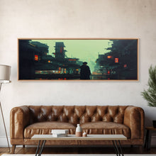 Load image into Gallery viewer, 80s style Cyberpunk Japanese City, Retro Punk Tokyo, Framed Canvas Print, Framed Wall Art, Large Panoramic Wall Decor
