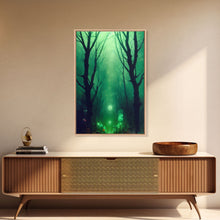 Load image into Gallery viewer, Emerald green city streets under a full moon, cool spooky art, framed canvas print
