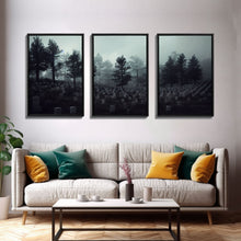 Load image into Gallery viewer, Spooky haunted graveyard at night, art for witches, 3 piece canvas, 3 piece wall art, cemetery art
