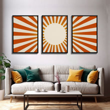 Carregar imagem no visualizador da galeria, Boho Horizontal Sun Print, 3 Piece Art, Triptych Wall Art, Framed Canvas Prints, Yellow Sun Poster, Sunrise Wall Art, Boho Nursery Prints
