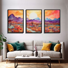Carregar imagem no visualizador da galeria, Black Framed 3 Piece Wall Art, Southwestern Desert Scene at Sunset, Minimalist Wall Art, MCM Style Midcentury Wall Decor, Above Sofa Art
