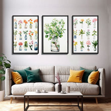 Load image into Gallery viewer, 3 Piece Set, Cute Kawaii Floral Print, Flowers In Vases, Framed Wall Art, Canvas Print, Botanical Wall Decor, Dried Flower Large Art
