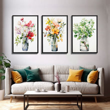 Load image into Gallery viewer, 3 Piece Set, Cute Kawaii Floral Print, Flowers In Vases, Framed Wall Art, Canvas Print, Botanical Wall Decor, Boho Kitchen Art, French Art

