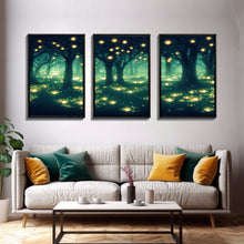 Carregar imagem no visualizador da galeria, Fantasy forest wall decor, ready to hang 3 piece canvas print, 3 piece wall art, firefly wall art, Fireflies In A Fairy Forest at Night
