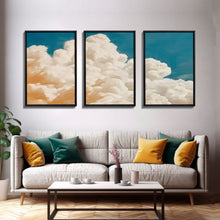 Load image into Gallery viewer, Framed Canvas Wall Art Set of 3 Pastel Clouds, Navy Blue Sky, Nature Landscape Prints, Minimalist Modern Art Nature Boho Wall Decor
