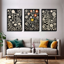 Load image into Gallery viewer, Boho Style Framed Wall Art 3 Panel Set, Abstract Floral Botanical Prints, Minimalist Midcentury Modern Art, Boho Wall Decor

