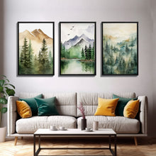 Cargar imagen en el visor de la galería, Triptych Framed Canvas Wall Art Set of 3 Green Forest Mountain Nature Landscape Prints Minimalist Modern Art, Woodland Nursery Decor
