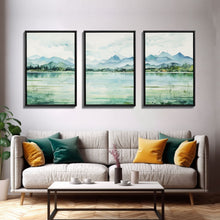 Load image into Gallery viewer, Framed Canvas Wall Art Set of 3 Mint Green Forest Mountain Nature Landscape Prints Minimalist Modern Art Woodland Nursery Wall Art

