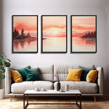 Load image into Gallery viewer, Beautiful Red Lake Sunset 3 Piece Framed Canvas Print Set, Above Sofa Art, Living Room Decor, Beautiful Wall Art, Watercolor Painting
