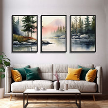 Load image into Gallery viewer, Framed Canvas Wall Art Set of 3 Pastel Mountain Range Lake Nature Landscape Prints Minimalist Modern Art Woodland Nursery Decor Office Art
