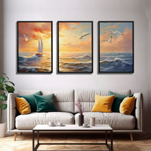 Carregar imagem no visualizador da galeria, Beautiful Ocean At Sunset 3 Piece Canvas Print Wall Art, Above Sofa, Abstract Art, Modern Art, Minimalism Lakehouse Decor
