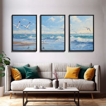 Carregar imagem no visualizador da galeria, Beautiful Seagulls Over An Ocean Beach At Sunset 3 Piece Canvas Print Wall Art, Above Sofa Art, Modern Art, Minimalism Lakehouse Decor
