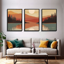 Carregar imagem no visualizador da galeria, Framed Canvas Wall Art Set of 3 Sunset Forest Landscape Abstract Illustrations Prints Modern Art Minimalist Boho Wall Decor, 3 Piece Art
