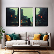 Load image into Gallery viewer, 80s Style Cyberpunk Tokyo, Retrofuturism, Dystopian art, 3 piece wall art, 3 piece canvas print
