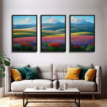 Cargar imagen en el visor de la galería, Colorful rolling hills, flower fields, landscape art,  3 piece wall art, 3 piece canvas, cool centerpiece living room wall art
