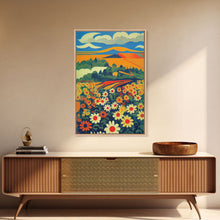 Load image into Gallery viewer, Surrealist field of daisy flowers, daisies, psychedelic art, Framed Canvas Print, Ready To Hang Framed Wall Art
