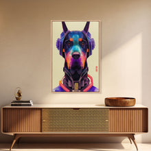 Load image into Gallery viewer, Cyberpunk Dobermann Pinscher Portrait, Watercolor, Framed Canvas Print, Ready To Hang Framed Wall Art, Living Room Wall Hanging
