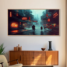 Load image into Gallery viewer, Cyberpunk City, Bladerunner Vibes Dystopian Cityscape, Wall Decor, Ready To Hang Framed Canvas Print, Oversize Wall Art
