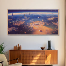 Cargar imagen en el visor de la galería, Bird&#39;s eye view of a futuristic city-planet, cool scifi art, framed canvas print, ready to hang framed wall art
