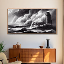 Load image into Gallery viewer, Lighthouse in a storm, black and white, tsunami waves, framed canvas print, ready to hang framed wall art
