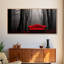 Load image into Gallery viewer, Red Sofa In A Forest Framed Canvas Print, Thought Provoking Art, Framed Art, Creepy Photography, Halloween Art
