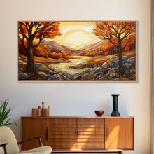 Carregar imagem no visualizador da galeria, Fall Centerpiece Landscape Painting Canvas Print, Stained Glass Style Art, Stained Glass Wall Art, Autumn Decor, Rustic Fall Art, Fall Decor
